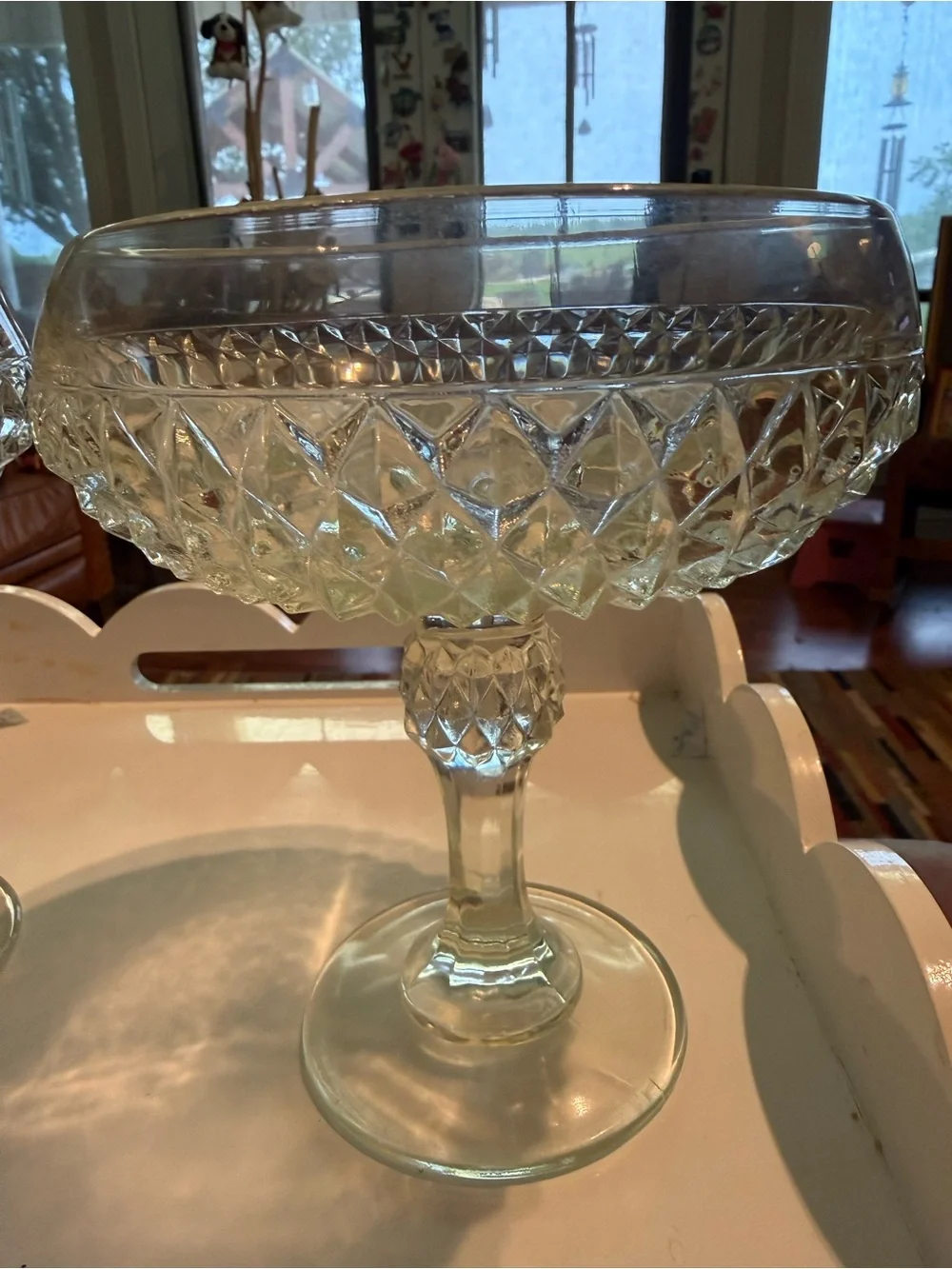 Pair Of Indiana Glass Diamond Point Clear Compote Bowl Candy Trinket Dish